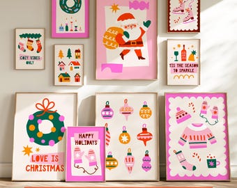 Retro Pink Christmas Printable Wall Art Set | 10 Colorful Holiday Posters