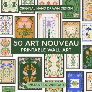 Puede incluir: Una colección de 50 impresiones de arte mural imprimibles Art Nouveau. Cada impresión enmarcada presenta diseños florales y botánicos en varios colores, incluyendo rosa, verde, naranja y azul. La imagen incluye el texto "Original Hand Drawn Design" y "Instant Download."