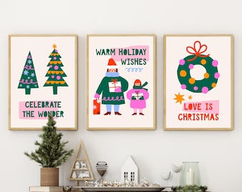 Set of 3 Christmas Wall Art Prints | Festive Holiday Posters