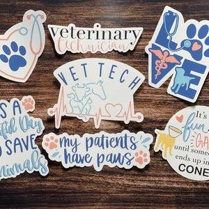 May include: A selection of veterinary-themed stickers with diverse designs. The stickers display phrases such as "Veterinary Technician," "Vet Tech," and "It's a Beautiful Day to Save Animals." Other designs include paw prints, stethoscopes, and a dog wearing a cone.