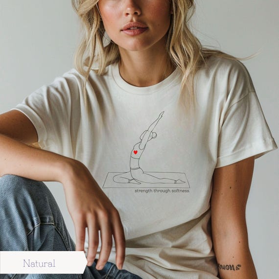 Minimalist Yoga Shirt “Strength Through Softness” – Bella Canvas 3001 Soft Cotton Tee, Mindful Movement Top, Neutral Yoga Graphic T-Shirt