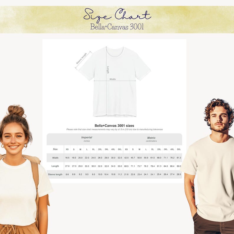May include: White t-shirt size chart from Bella+Canvas 3001. The chart includes measurements in inches for sizes XS to 5XL. The chart also includes metric measurements. The image includes a woman and a man wearing the t-shirt.