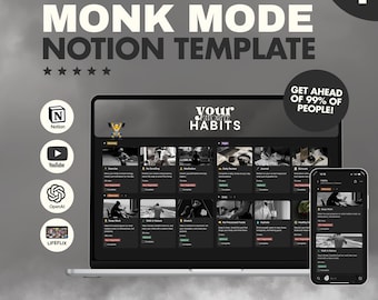 Dark Mode Notion Life Planner Template, Monk Mode Focus (Digital Download)