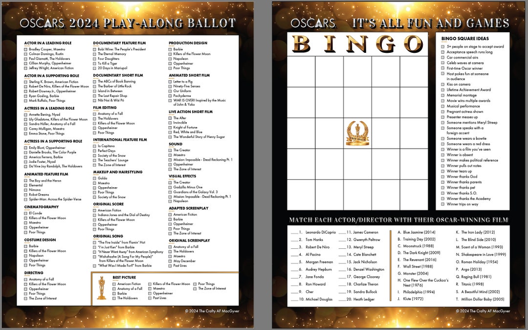 2024 Oscars Printable Ballot and Games Activity Sheetpdf Lettersized