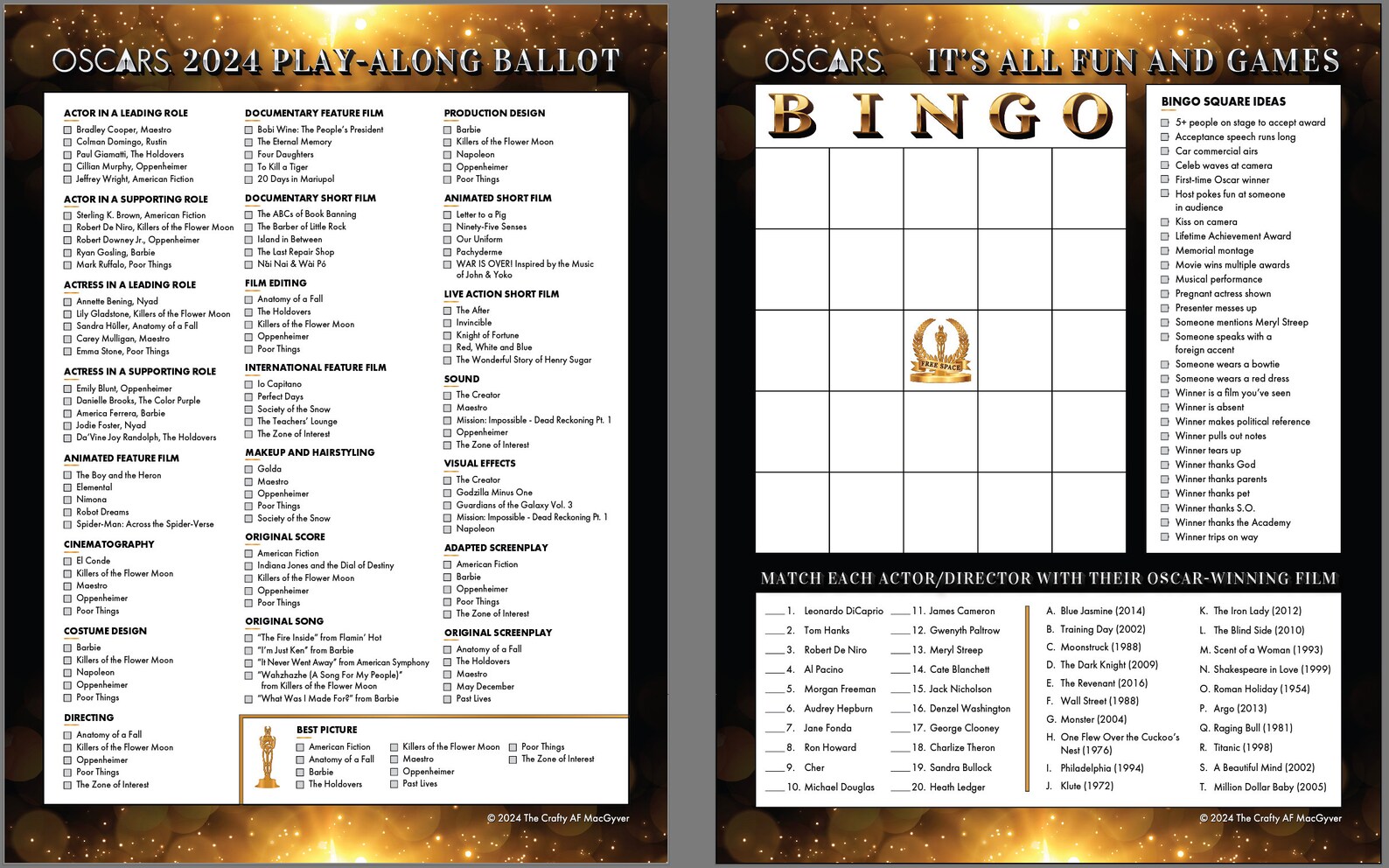 2024 Oscars Printable Ballot and Games Activity Sheet Etsy