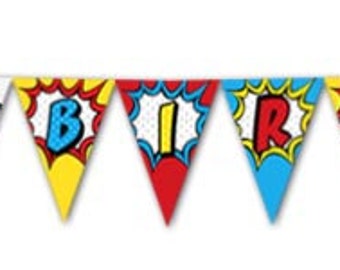 Afdrukbare banner "Happy Birthday" met superheldenthema