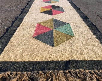 Handwoven Wool Jute Kilim Runner Rug,Modern Geometric Design Dhurrie Rug, Vintage Southwestern Runner-Rug