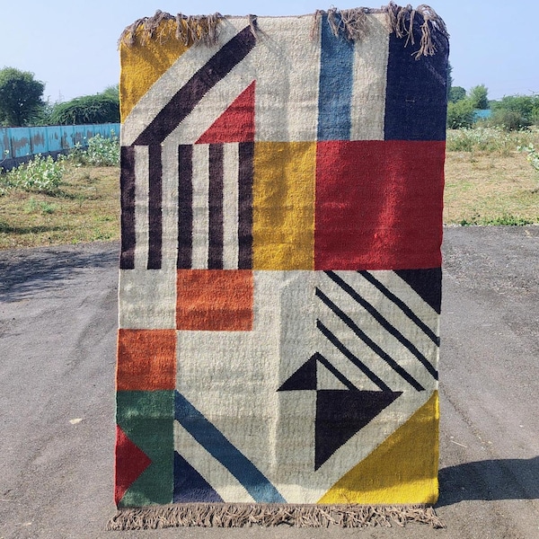 Handwoven Wool Jute Kilim Rug: Geometric Multicolor, Custom Size Dhurrie