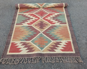 Handwoven Wool Jute Kilim Rug | Green & Red Flatweave Area Rug | Eco-Friendly Dhurrie | Moroccan Southwestern Tribal Decor