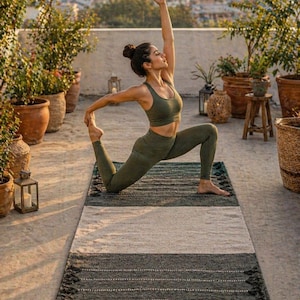 Puede incluir: Una persona con ropa deportiva verde oliva practica yoga sobre una alfombra a rayas. La alfombra tiene un patr&oacute;n verde oscuro, gris y blanco con flecos. Plantas en macetas y un paisaje urbano est&aacute;n en el fondo.