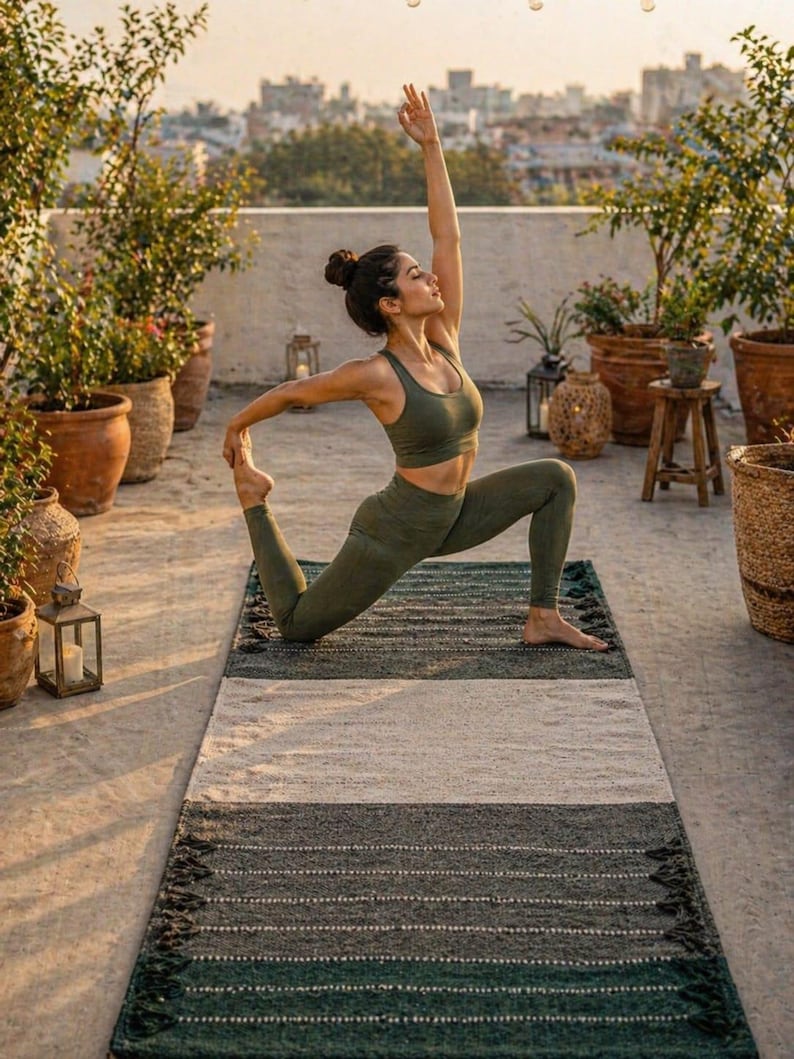 Puede incluir: Una persona con ropa deportiva verde oliva practica yoga sobre una alfombra a rayas. La alfombra tiene un patr&oacute;n verde oscuro, gris y blanco con flecos. Plantas en macetas y un paisaje urbano est&aacute;n en el fondo.