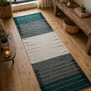 Puede incluir: Una alfombra rectangular a rayas en tonos turquesa, gris y crema. La alfombra tiene un aspecto texturizado con flecos en los extremos cortos. El esquema de color y el dise&ntilde;o sugieren una est&eacute;tica bohemia o moderna, adecuada para un sal&oacute;n o pasillo.
