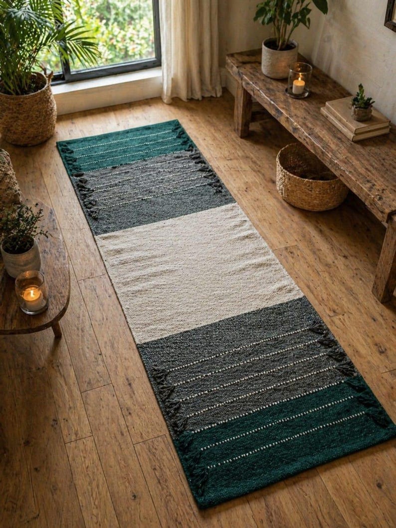 Puede incluir: Una alfombra rectangular a rayas en tonos turquesa, gris y crema. La alfombra tiene un aspecto texturizado con flecos en los extremos cortos. El esquema de color y el dise&ntilde;o sugieren una est&eacute;tica bohemia o moderna, adecuada para un sal&oacute;n o pasillo.