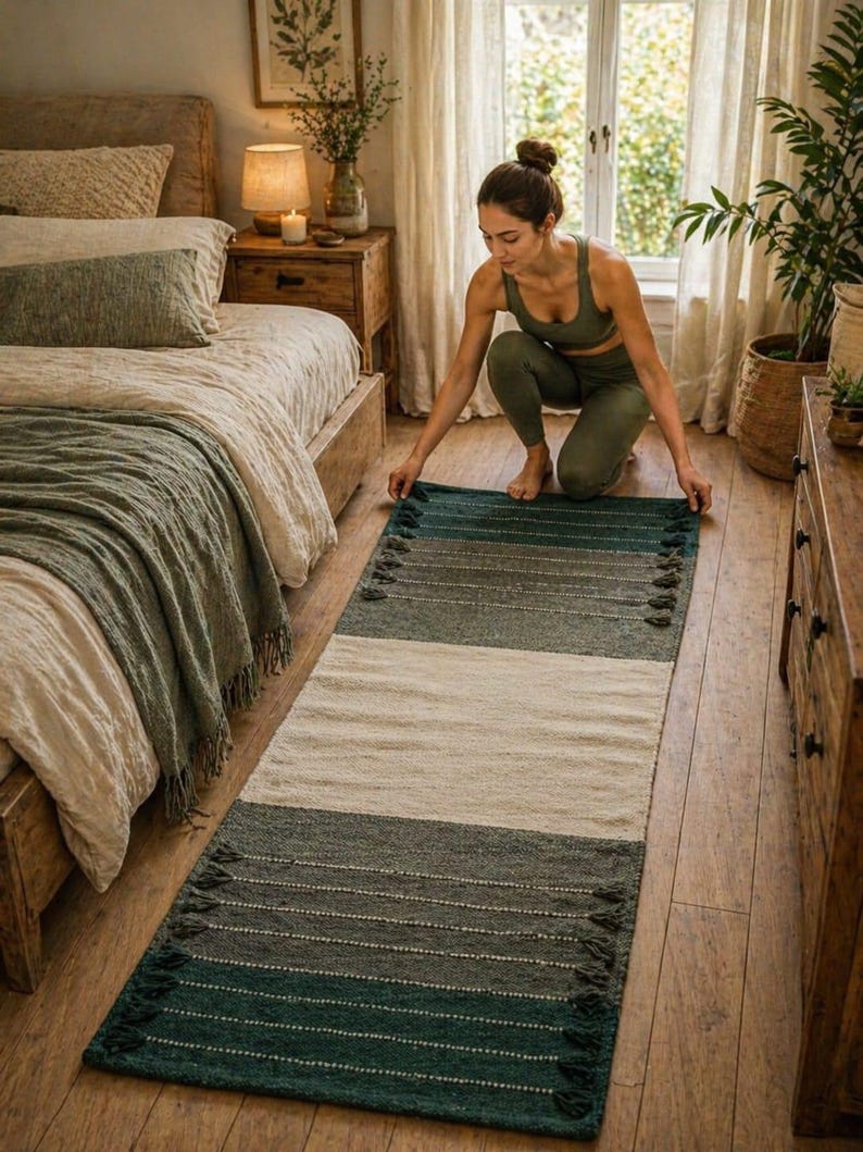 Puede incluir: Una alfombra rectangular en tonos turquesa, gris y crema, con un dise&ntilde;o a rayas y borlas en los extremos. La alfombra est&aacute; colocada sobre un suelo de madera. Las dimensiones de la alfombra no son visibles.