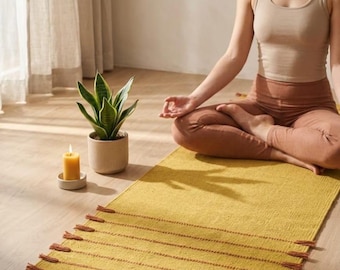 Esterilla de yoga de algodón orgánico de 6 x 6 pies / Alfombra antideslizante ecológica para meditación, pilates y fitness / Alfombra de yoga de algodón indio lavable hecha a mano