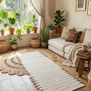 Może przedstawiać: Przytulny salon z kremową sofą, dywanami z juty i w kolorze złamanej bieli oraz prostokątnym dywanem z frędzlami. Rośliny doniczkowe różnych rozmiarów i typów tworzą naturalną i zachęcającą atmosferę.