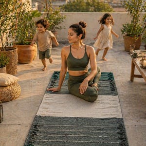 Puede incluir: Una mujer con ropa deportiva verde oliva est&aacute; sentada en una esterilla de yoga con un dise&ntilde;o a rayas verdes, blancas y grises. Dos ni&ntilde;os corren en el fondo en un patio en la azotea con plantas en macetas. La esterilla tiene flecos en los extremos.