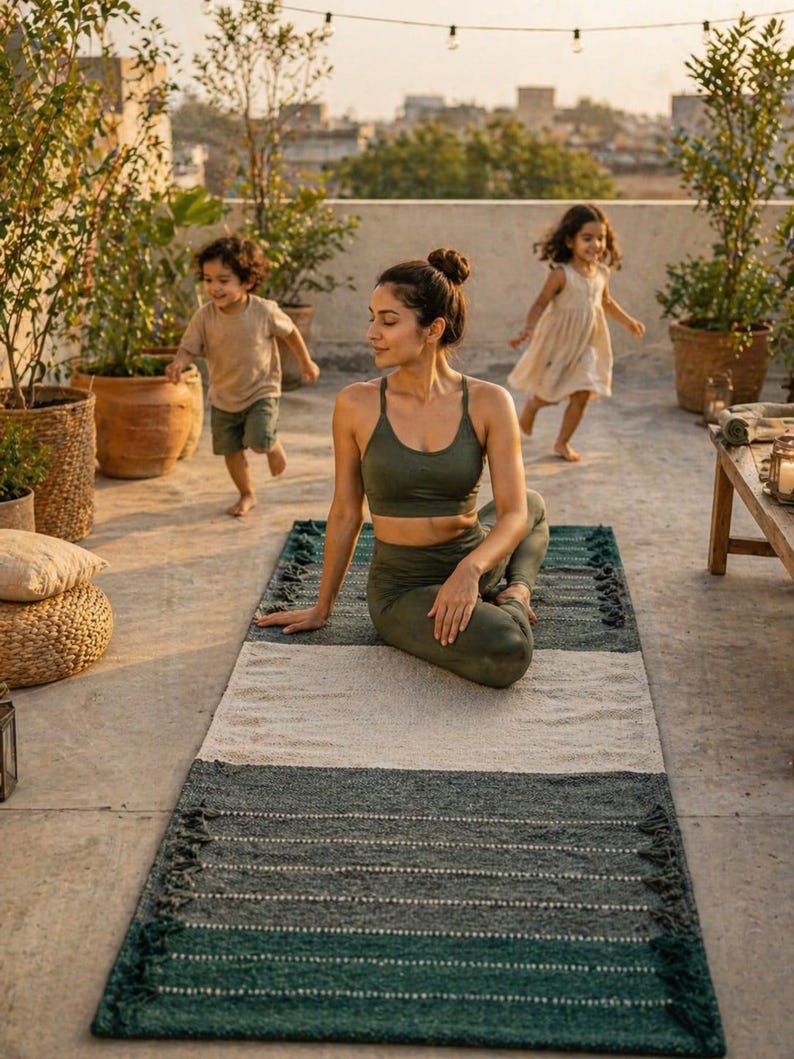 Puede incluir: Una mujer con ropa deportiva verde oliva est&aacute; sentada en una esterilla de yoga con un dise&ntilde;o a rayas verdes, blancas y grises. Dos ni&ntilde;os corren en el fondo en un patio en la azotea con plantas en macetas. La esterilla tiene flecos en los extremos.