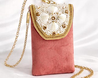 Porte-monnaie indien fait main en velours pour téléphone | Sac bandoulière perlé pour femme, mariage