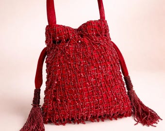 Red Pearl Beaded Potli Bag | Indian Bridal Festive Drawstring Purse