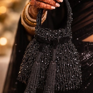 Black Velvet Beaded Potli Bag with Tassels | Cut Dana Embroidery Evening Clutch