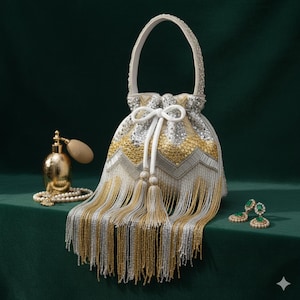 Puede incluir: Un bolso con cordón y cuentas con asa blanca y cierre de lazo blanco. El bolso presenta lentejuelas plateadas y doradas en un patrón de chevrón, con largas borlas de cuentas plateadas y doradas. También hay un frasco de perfume dorado y pendientes de piedras preciosas verdes.