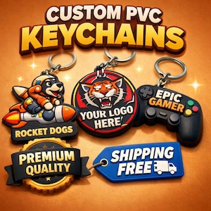 Puede incluir: Llaveros de PVC personalizados con varios diseños. Incluye un llavero con un perro en un cohete, un tigre y un mando de videojuegos. Los llaveros tienen anillos plateados. La imagen también incluye una insignia de "Premium Quality".