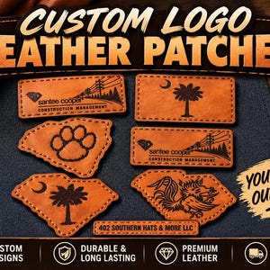 May include: A collection of tan leather patches featuring various laser-engraved designs, including the text Santee Cooper Construction Management, a paw print, a palm tree with a crescent moon, and a rooster. The text reads Custom Logo Leather Patches.