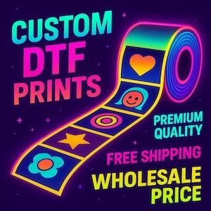 May include: A vibrant graphic advertising custom DTF prints. The image shows a roll of printed material with colourful icons and text, including "Premium Quality" and "Wholesale Price" against a dark purple background.