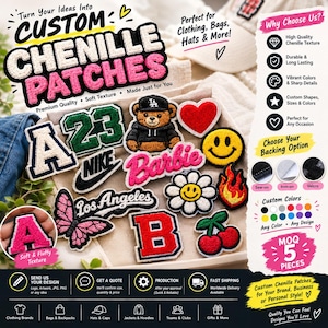 Op de afbeelding: Een verzameling aangepaste chenille patches met diverse ontwerpen, waaronder letters, een teddybeer, een hart, een smiley, een vlinder, een bloem, een vlam en kersen, weergegeven met tekst over de beschikbare opties.