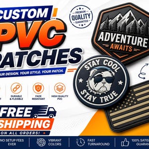 May include: Three custom PVC patches featuring a hexagonal mountain design with the text ADVENTURE AWAITS, a circular patch with a bulldog wearing sunglasses and the text STAY COOL STAY TRUE, and a rectangular patch with a tan and black American flag.