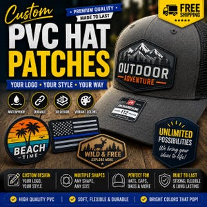 May include: A grey trucker hat featuring a black PVC patch with a white mountain graphic and the text OUTDOOR ADVENTURE. Several additional PVC patches are displayed, including a circular beach design, a flag, a deer silhouette, and text.