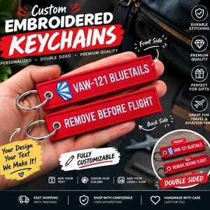 Op maat geborduurde sleutelhanger | Verwijder vóór de vlucht-sleutelhanger | Gepersonaliseerde dubbelzijdige sleutelhangers | Bulksleutelhangers