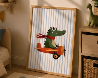 Crocodile Flying a Retro Plane printable Poster, Funny Kids Room Decor (Digital Download)