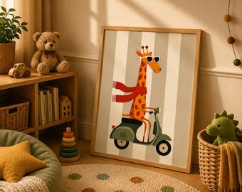 Giraffe riding Vintage Vespa Wall Art, Whimsical Safari Nursery Print Digital Download