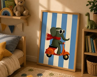 Elephant riding a Vintage Vespa Wall Art, Whimsical Safari Nursery Print Digital Download
