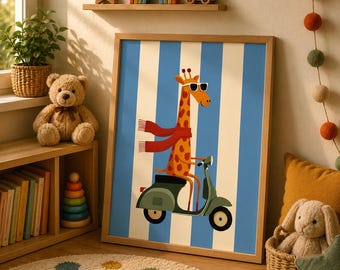 Funny Giraffe Riding Vespa Vintage Art Print, Blue Animal Kids Room Decor (Digital Download)