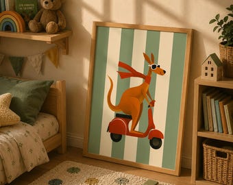 Kangaroo riding a retro Vespa poster vintage green background, funny Nursery Print Digital Download