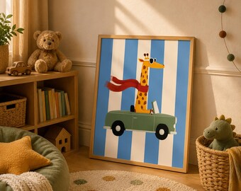 Giraffe Riding Retro Car Art Print, Whimsical Safari Animal Kids Room Decor Digital Download