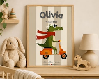 Custom baby arrival Birth Announcement, Nursery Crocodile vespa Print (Digital Download)