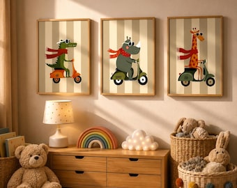 Set of 3 Animals on Vintage Vespa printable posters, Safari Kids Room Decor (Digital Download)