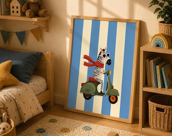 Zebra riding a Vintage Vespa Wall Art, Whimsical Safari Nursery Print Digital Download