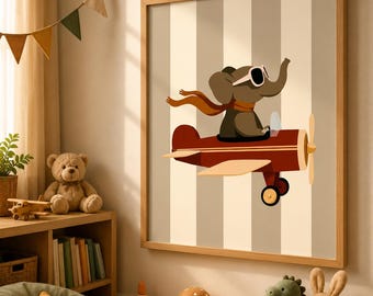Elephant Flying Vintage Plane Art Print, Whimsical Funny Animal Kids Room Decor (Digital Download)