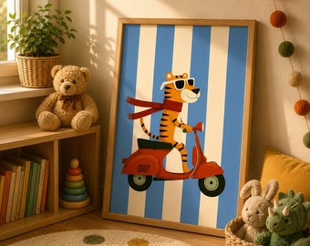 Retro Tiger Driving Car Print, Whimsical Nursery Wall Art for kids Room (Digital Download)