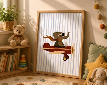 Elephant flying retro plane Art Print, Whimsical Animal Vintage Aviation Poster (Digital Download)