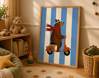 Bear Riding a Retro Vespa Art Print, Funny Animal Kids Room Decor (Digital Download)