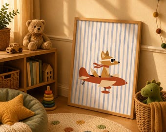 Fox Flying a Vintage Plane printable Poster, Funny Kids Room Decor (Digital Download)