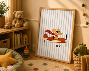 Mouse Flying a Vintage Plane printable Poster, Funny Kids Room Decor (Digital Download)