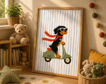 King Charles Dog Riding vintage Vespa Art Print, Funny Animal Room Decor (Digital Download)