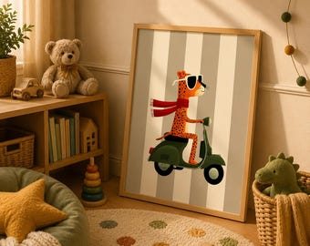 Leopard Riding a Vintage Vespa Printable poster, Whimsical Animal Kids Room Decor (Digital Download)